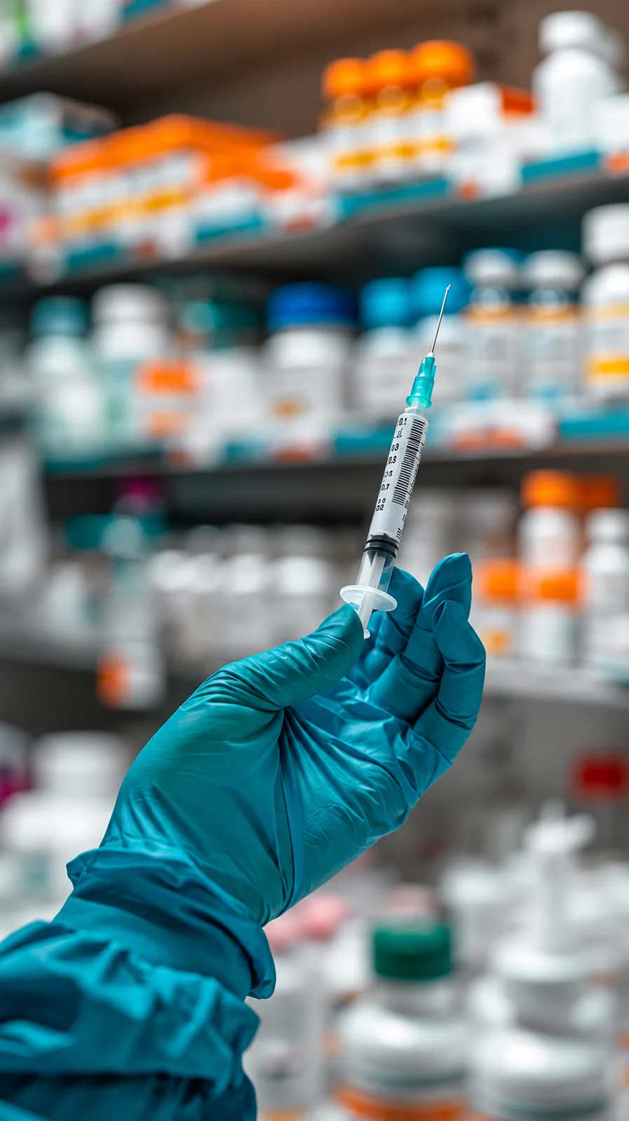 Main gantée tenant une seringue en pharmacie